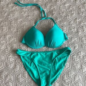 BodyGlove Teal aquamarine bathing suit halter👙 push up bra & mod rise bottoms M